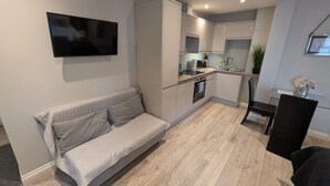 A modern living room with a sofa, a flat-screen TV, and a kitchen area with cabinets and a countertop. - Modern Studio - just off Mill Rd nr train station (Cambridge)