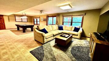 TV, fireplace, DVD player, video library