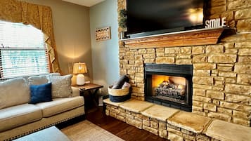 Een televisie, een open haard, een dvd-speler en een filmbibliotheek