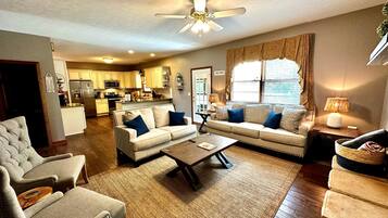 Televisión, chimenea, reproductor de DVD y videoteca