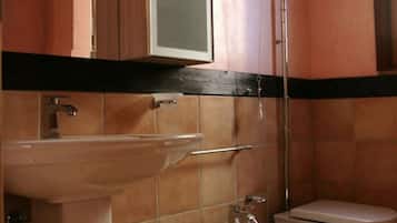 Hair dryer, bidet, towels, soap