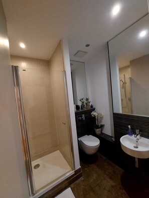 Douche, serviettes fournies, savon, shampooing