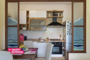 Fridge, oven, electric kettle, cookware/dishes/utensils