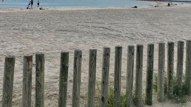 Una playa arenosa con una valla de madera al frente.