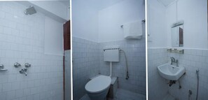 Een douche, een regendouche, handdoeken, zeep