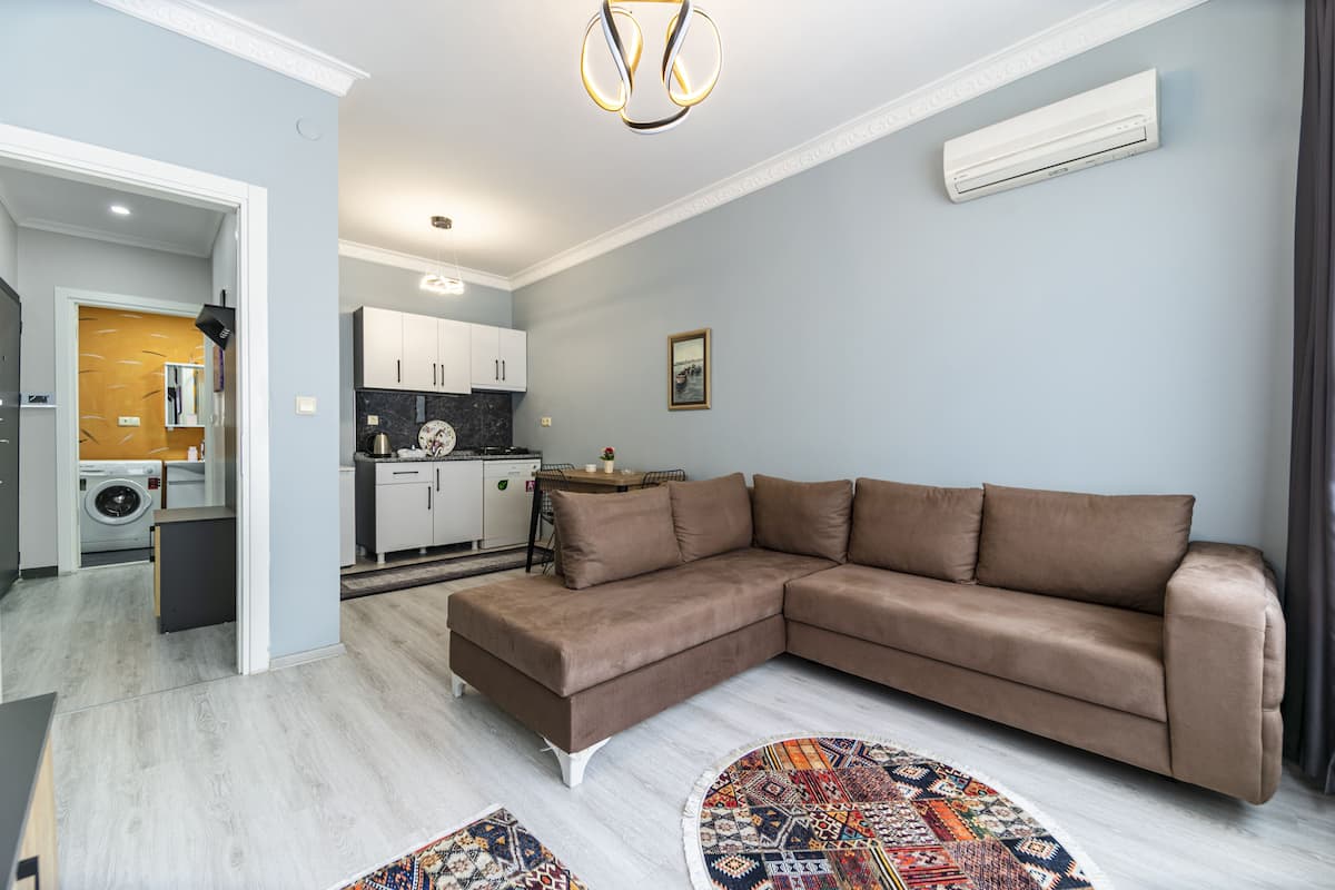 A modern living room with a brown sectional sofa, a patterned rug, and a kitchen in the background.