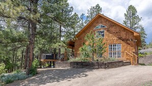 A log cabin with a wooden exterior, a front porch, and a dirt driveway surrounded by trees. - Hot Tub, Secluded, Borders National Forest, New AC (Pagosa Springs)