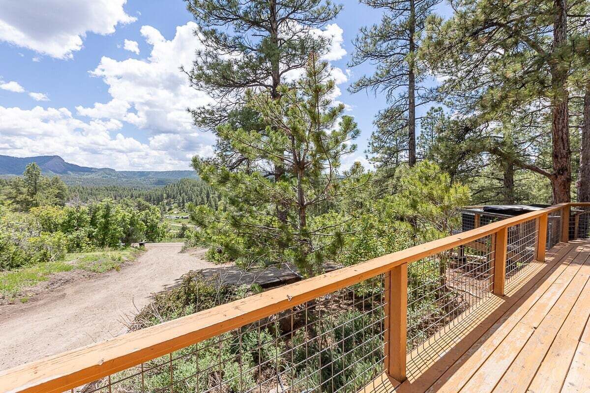 A wooden deck with a metal railing overlooking a forested area with a dirt path and mountains in the distance.