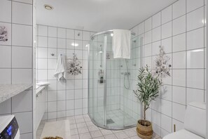 Dusche, Haartrockner, Handtücher, Seife