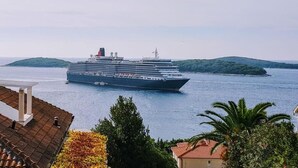Un grand navire de croisière sur une étendue d’eau calme, avec un paysage vallonné en arrière-plan.
