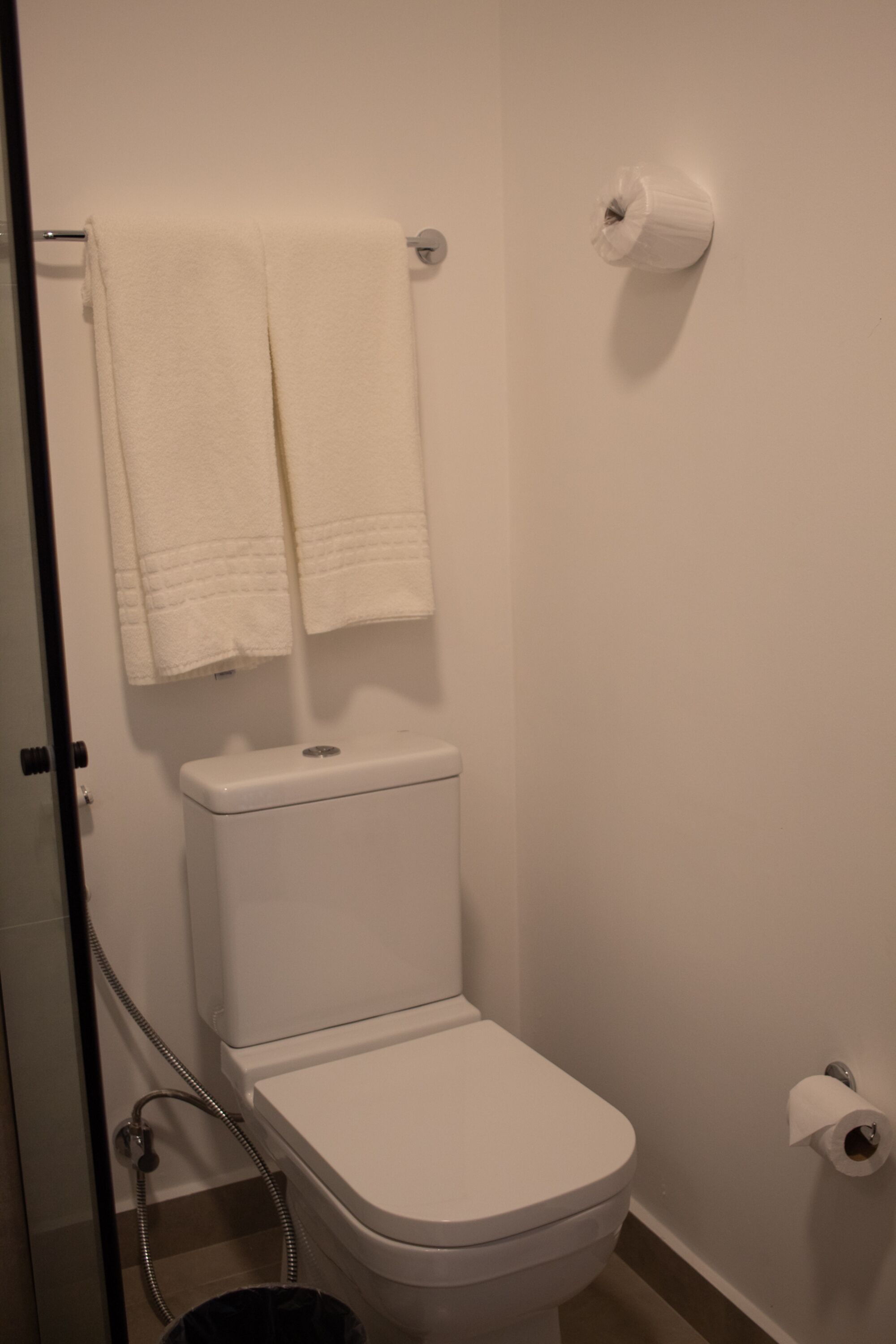 A bathroom with a toilet, a towel rack with two towels, a toilet paper holder, and a shower hose.