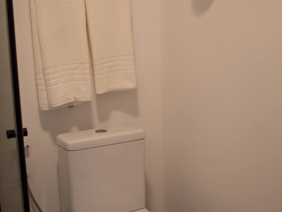 A bathroom with a toilet, a towel rack with two towels, a toilet paper holder, and a shower hose.