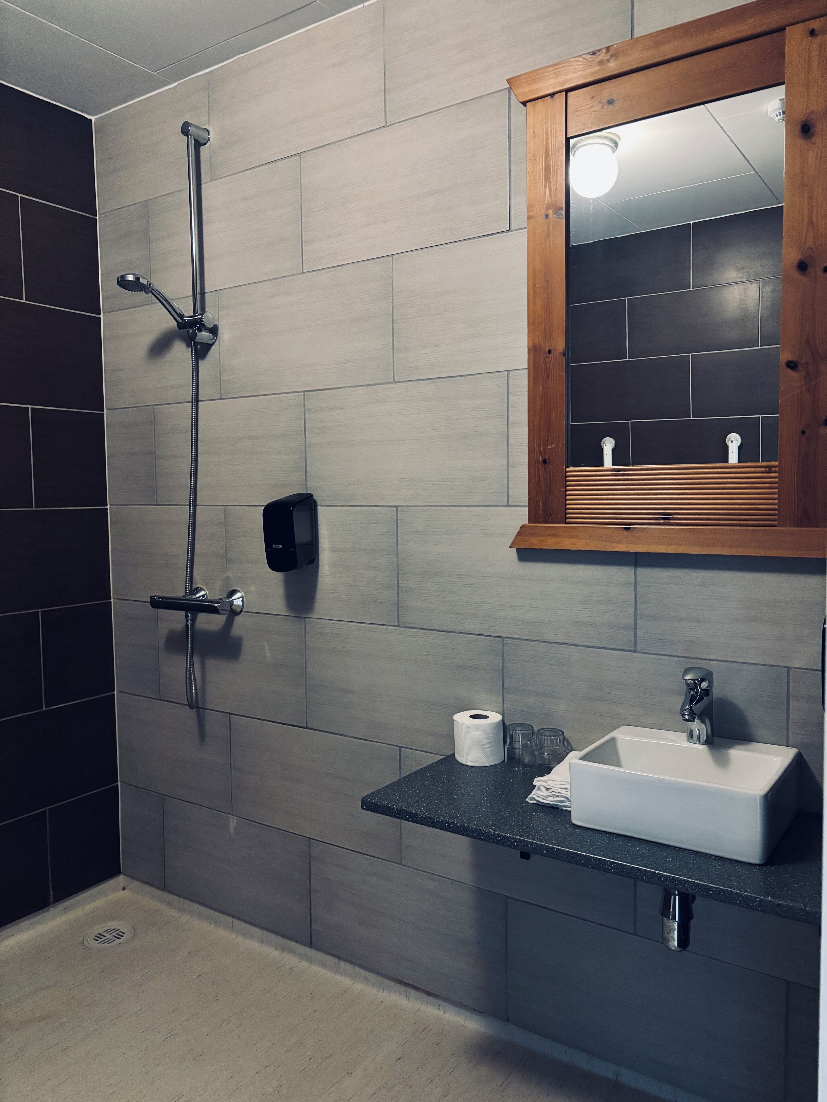 A modern bathroom with a shower, a sink, and a mirror.