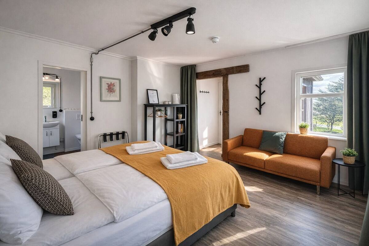 Une chambre moderne avec un lit, un canapé, une petite table et une bibliothèque.