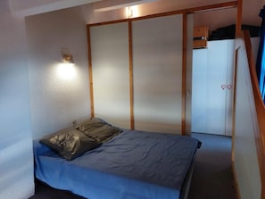 A bedroom with a bed, a wardrobe, and a small closet.