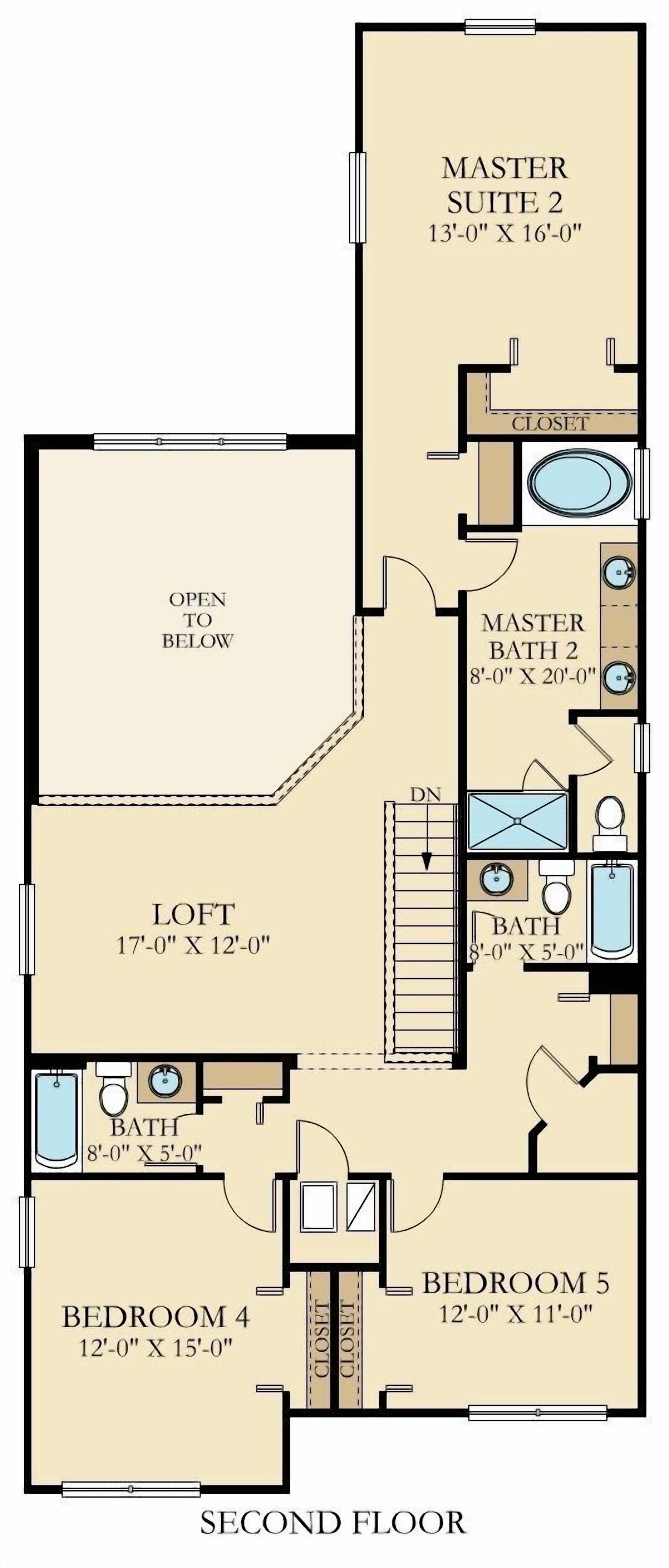 A second-floor floor plan of a master suite with a loft, master bath, master bedroom, and a bathroom.