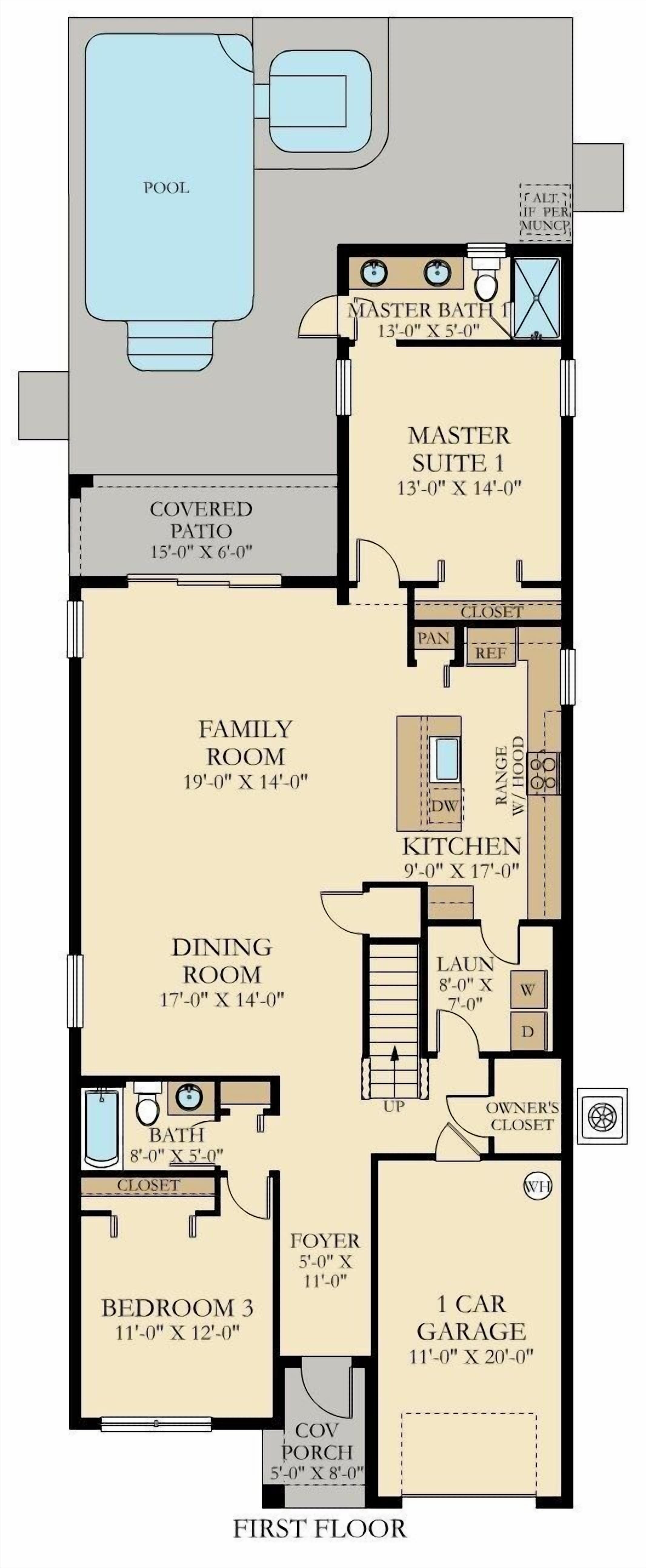 A first-floor floor plan of a house with a covered patio, master suite, family room, dining room, kitchen, bathroom, bedroom, foyer, and a car garage.