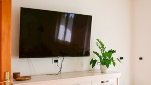 Un televisor de pantalla plana montado en una pared sobre un mueble de madera, con una planta en maceta a un lado.