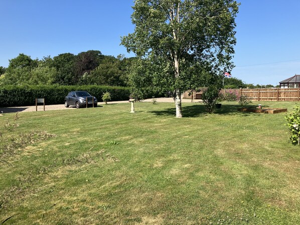Une cour arrière verdoyante avec une voiture, un arbre et une clôture en bois.