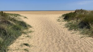 Ein Sandweg am Strand mit Gras an beiden Seiten, der zum Meer unter blauem Himmel führt.