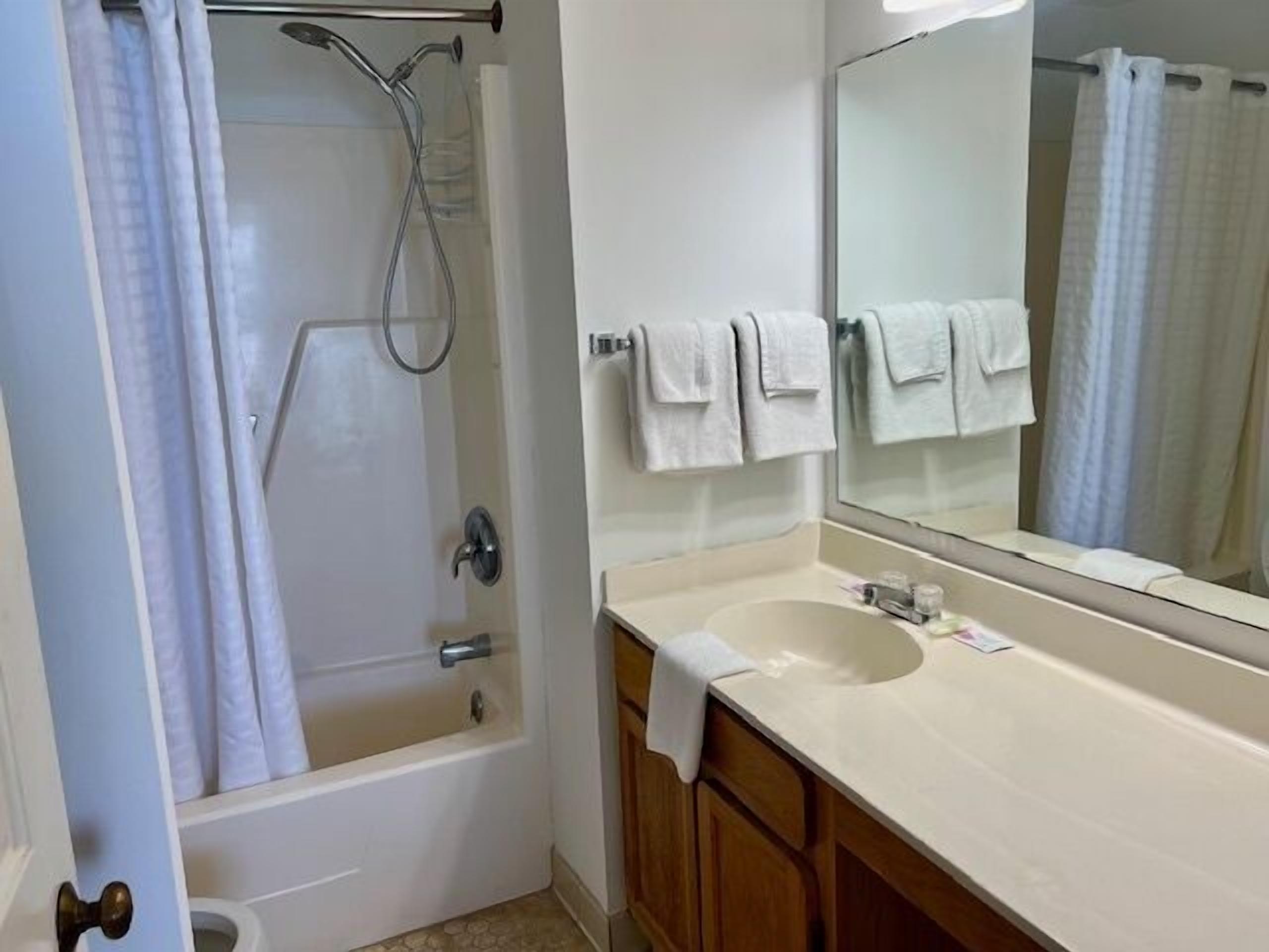 A bathroom with a bathtub, a shower, a sink, and a mirror.