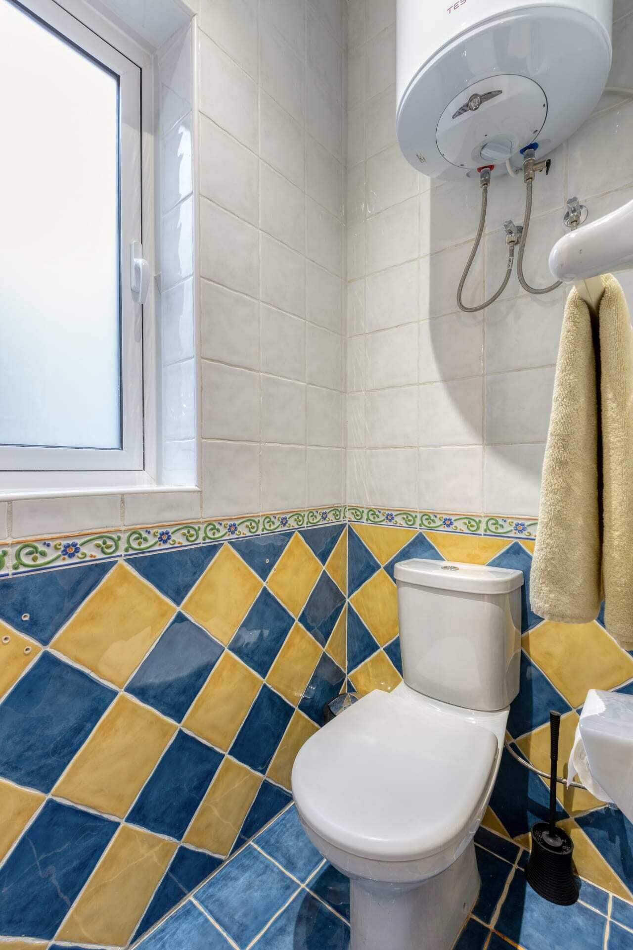 A bathroom with a white toilet, a showerhead, and a window.