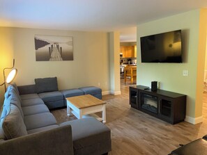Smart TV, fireplace, foosball