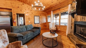 Smart TV, fireplace, books