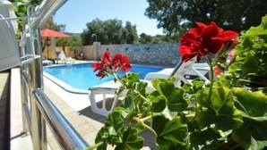 Un espace aménagé au bord d’une piscine à l’eau d’un bleu limpide, avec des chaises longues blanches et des fleurs rouges au premier plan.