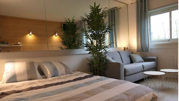 Een moderne slaapkamer met een groot bed, een grijze bank, twee kleine ronde tafels en een grote potplant.