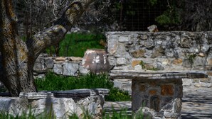 A stone bench and table set in a garden with a stone wall and tree in the background. - Nomas house Imbros,Private pool (Imbros)