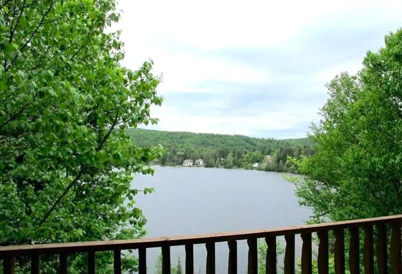 A lake with a wooden deck and trees in the foreground.