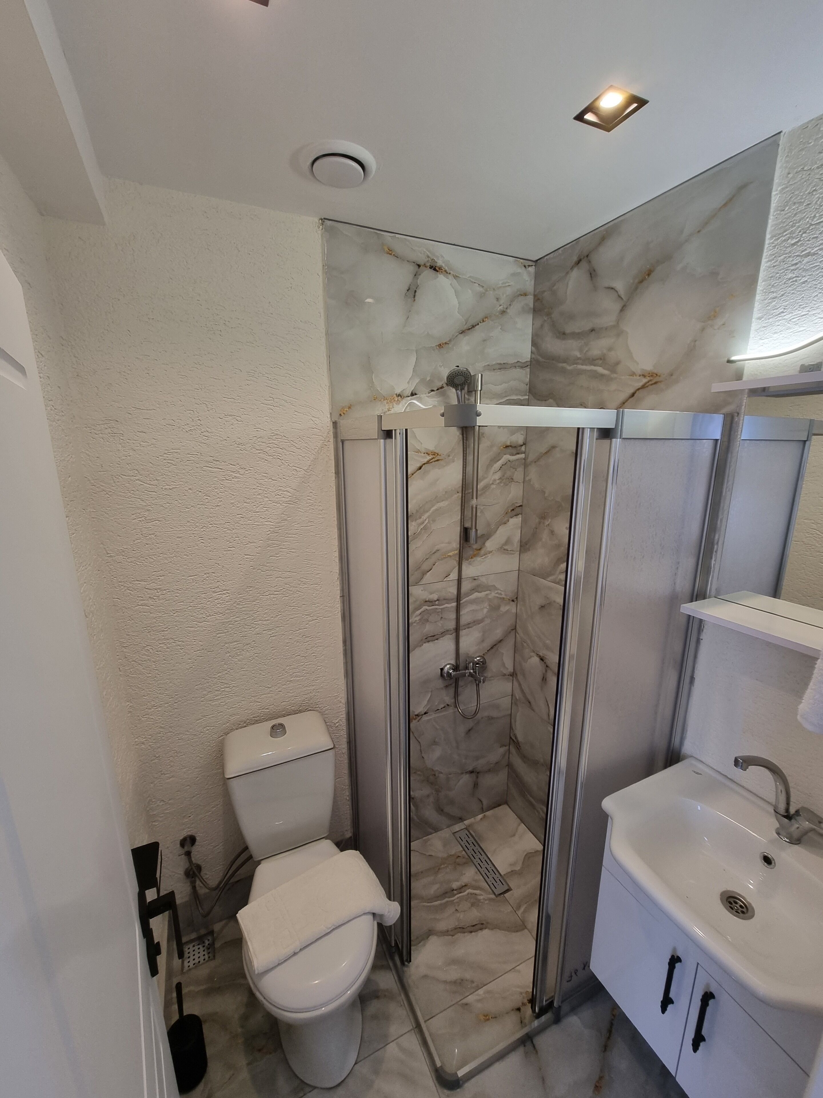 A bathroom with a glass-enclosed shower, a toilet, and a sink.