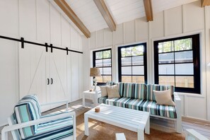 TV, fireplace, books