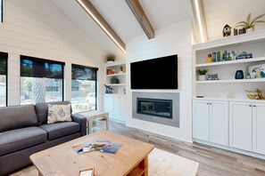 TV, fireplace, books