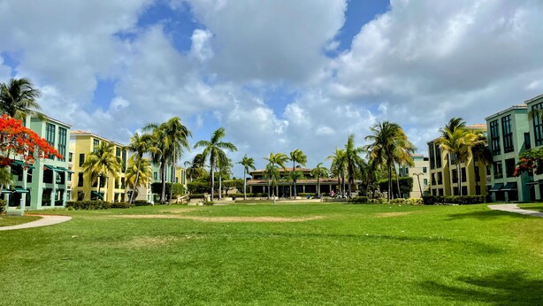A hotel courtyard with a lawn, palm trees, and buildings with balconies.
