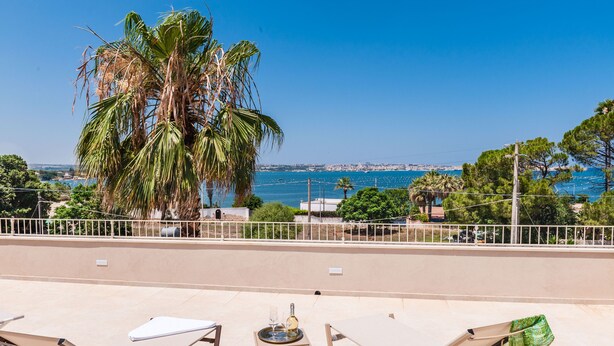 Une terrasse sur le toit, avec des chaises longues, une table et un plateau, et une vue sur la mer et les palmiers.