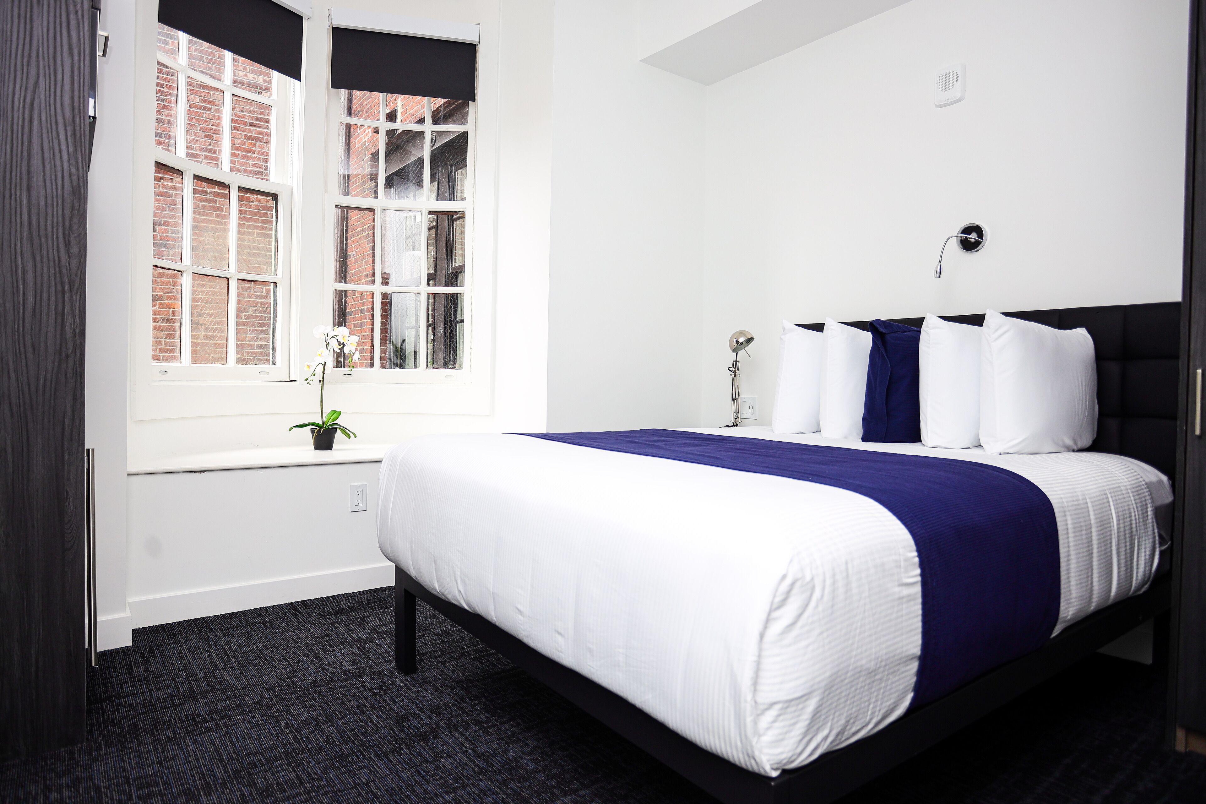 A modern hotel room with a large bed, a window with a view of a brick building, a small potted plant, and a wall-mounted light fixture.