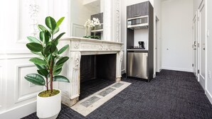 Un intérieur moderne avec une cheminée, une plante en pot et un coin cuisine.