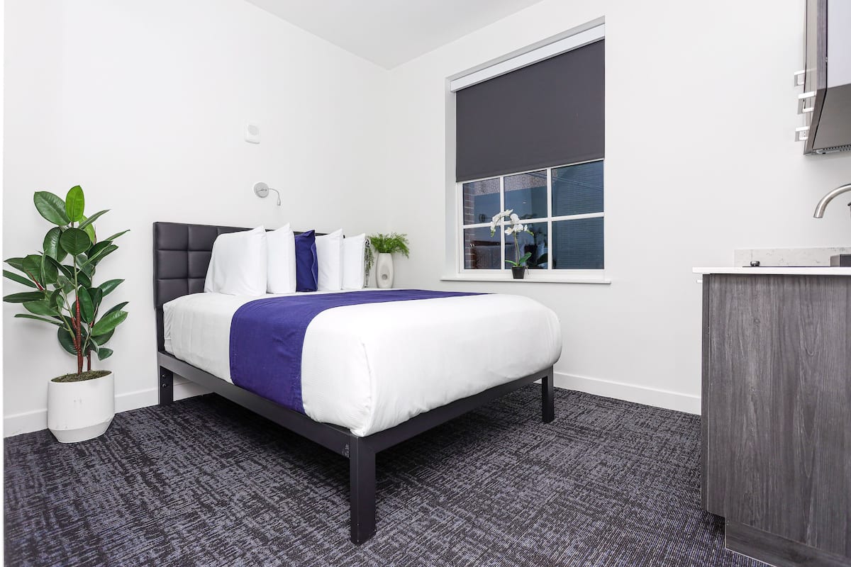 A modern bedroom with a bed, a potted plant, a window with blinds, and a built-in desk.