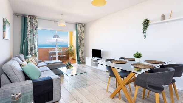 En moderne stue med sofa, sofabord og spisebord med stole. Et fjernsyn står på et hvidt møbel, der er en plante på væggen, og der er udsigt til det fri gennem store vinduer.