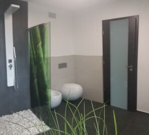 Douche, sèche-cheveux, bidet, serviettes fournies