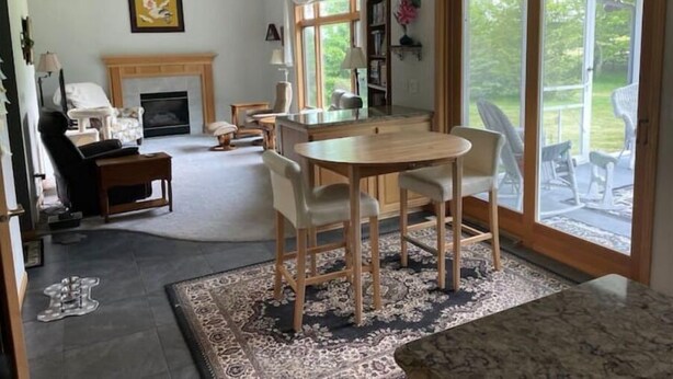 En rummelig stue med pejs, et spiseområde med bord og stole, og en stor skydedør, der fører ud til en terrasse.