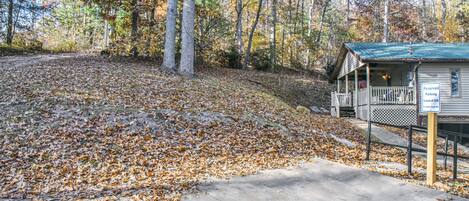 A cabin with a porch, surrounded by trees and fallen leaves.
