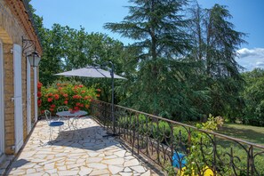 Une terrasse en pierre avec une table et des chaises, une rambarde en métal et un jardin agrémenté de fleurs rouges et d’arbres.