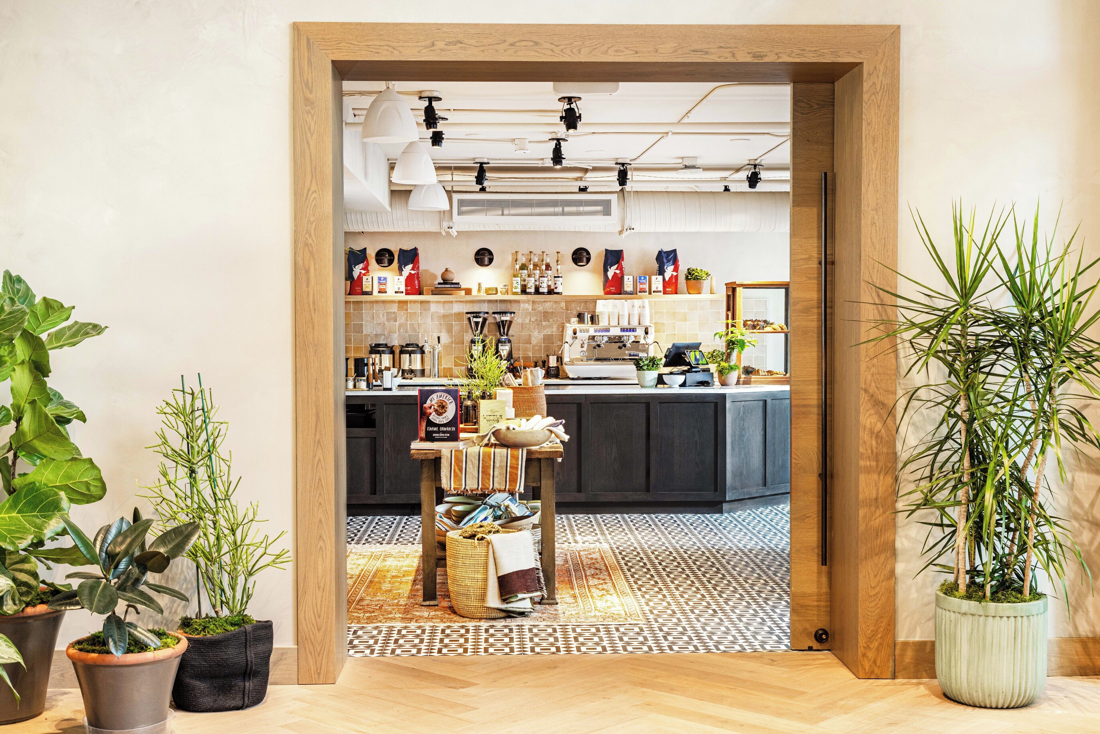 A modern kitchen with a central island, various appliances, and potted plants.