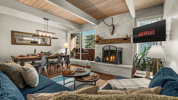Smart TV, fireplace, books, stereo