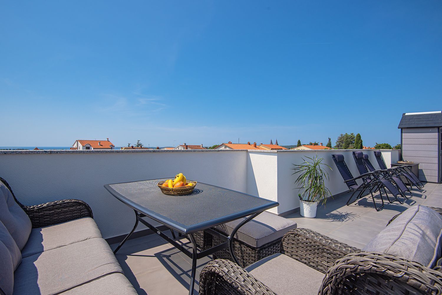 A rooftop terrace with a table, chairs, a potted plant, and a bowl of fruit.