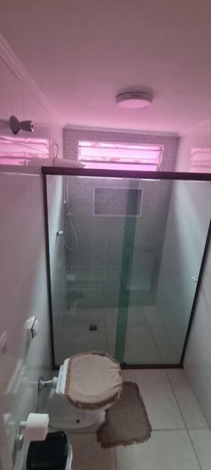 Een badkamer met een douchecabine van glas, een toilet en een vloerkleed.