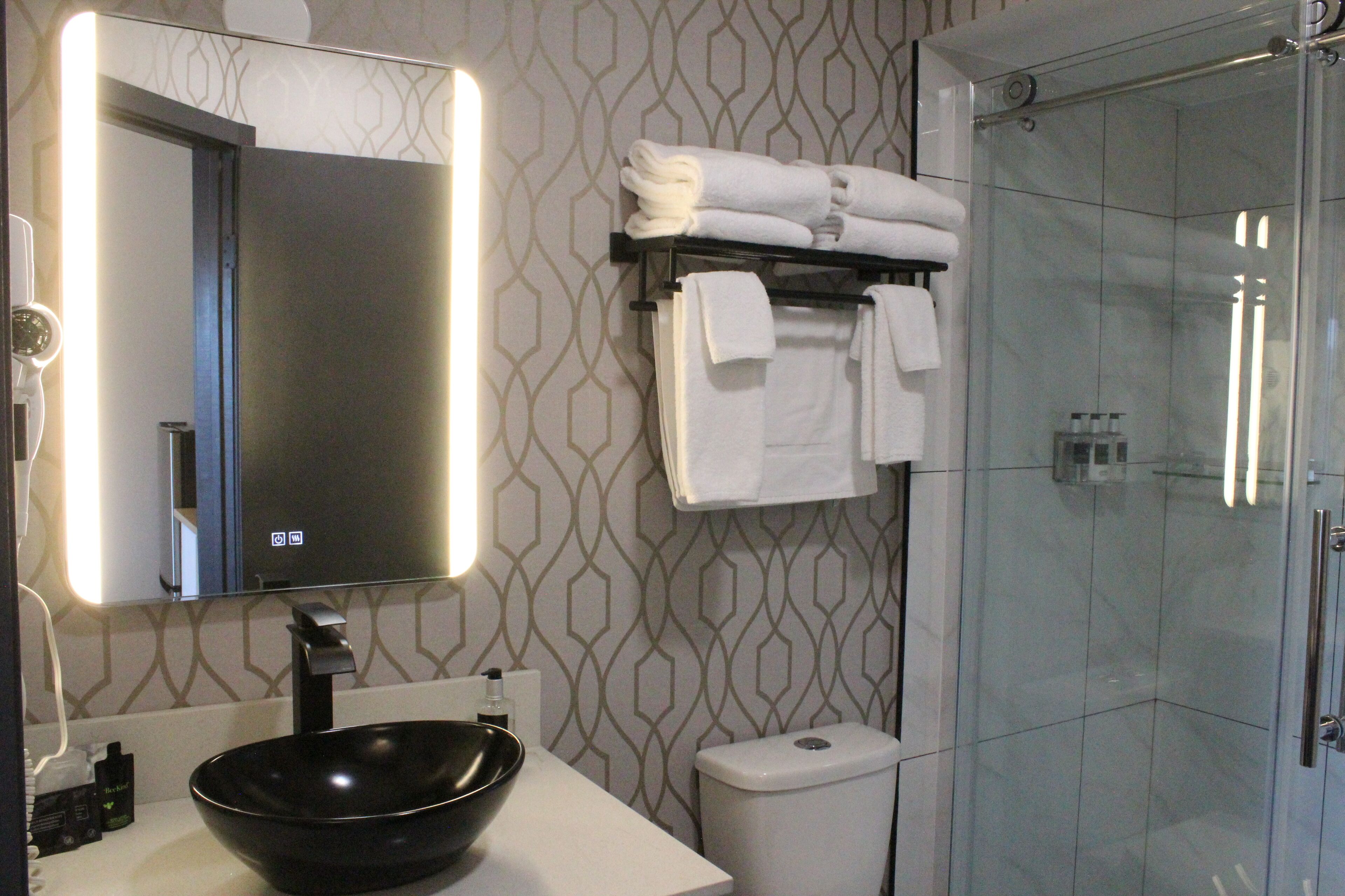 A modern bathroom with a black bowl sink, a mirror with built-in lighting, a toilet, and a glass shower enclosure.
